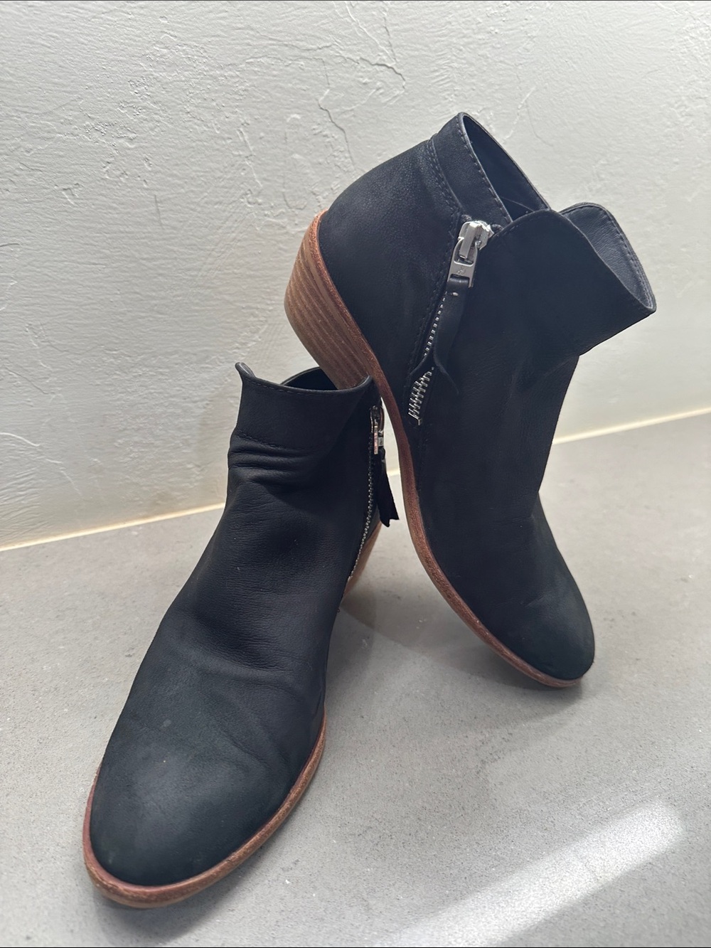 Sam Edelman Black Leather Ankle Booties with Brown Stacked Heel